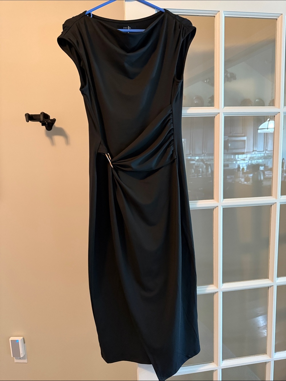 Sleeveless Navy Blue Midi Dress with Side Drape and Knot Detail